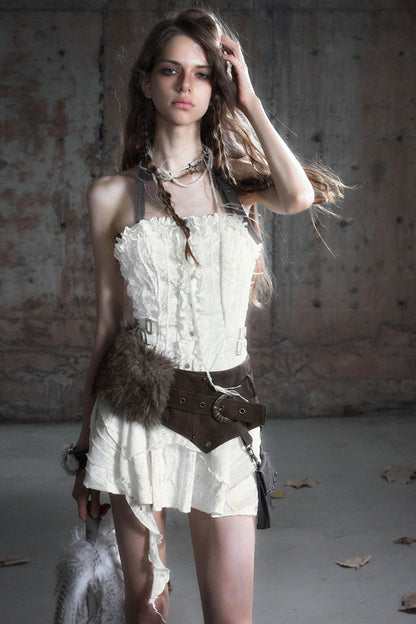 Leather Patchwork Fur Skirt  Belt