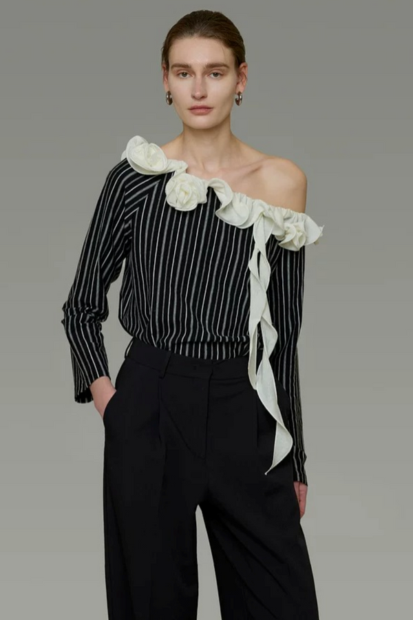 Black and White Striped Off-Shoulder Blouse