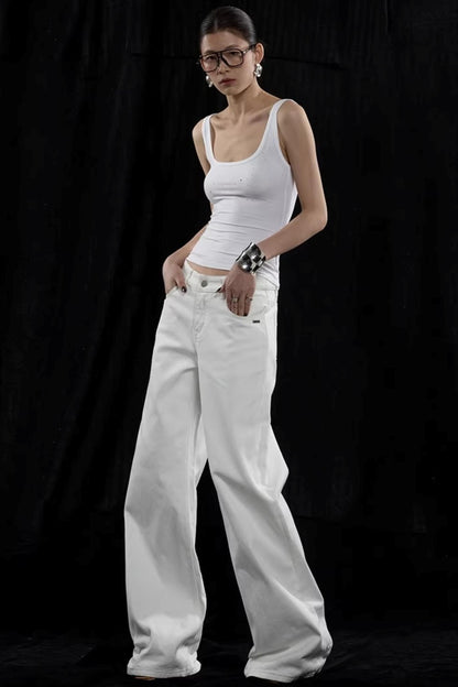 Weiße Mid-Waist Weite Hose