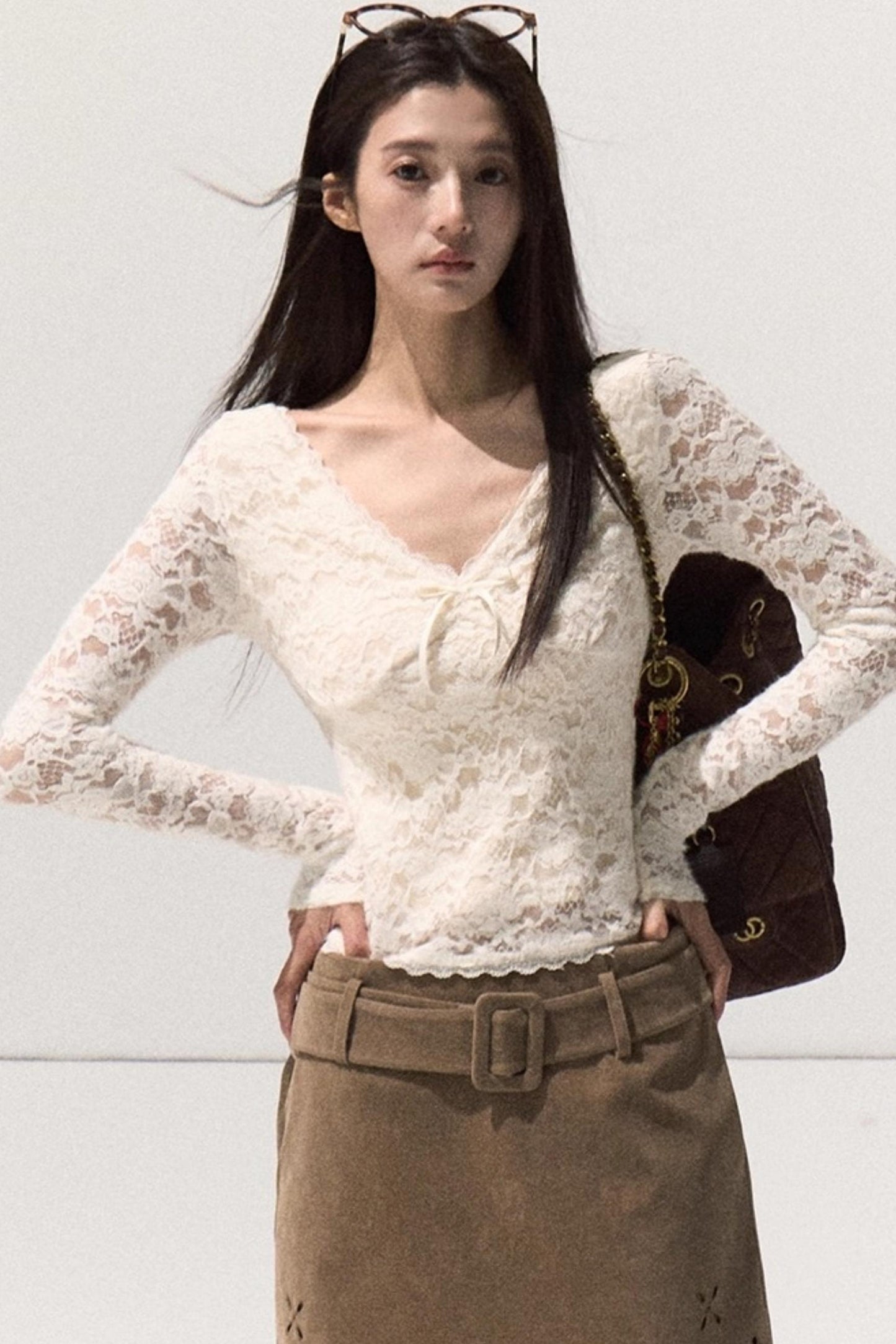 V-Neck Lace Knit Sweater