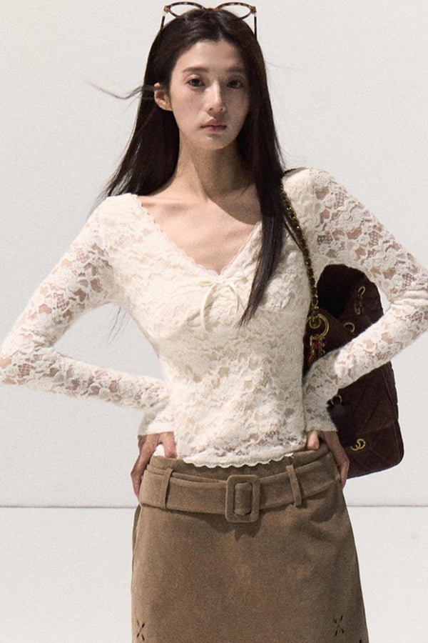 V-Neck Lace Knit Sweater
