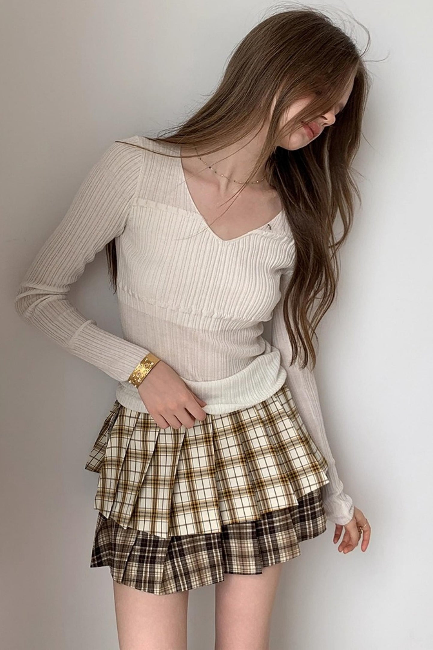Plaid Splicing Pleated Skirt