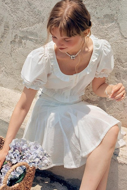 White Lace Square Collar Puff Sleeve Shirt