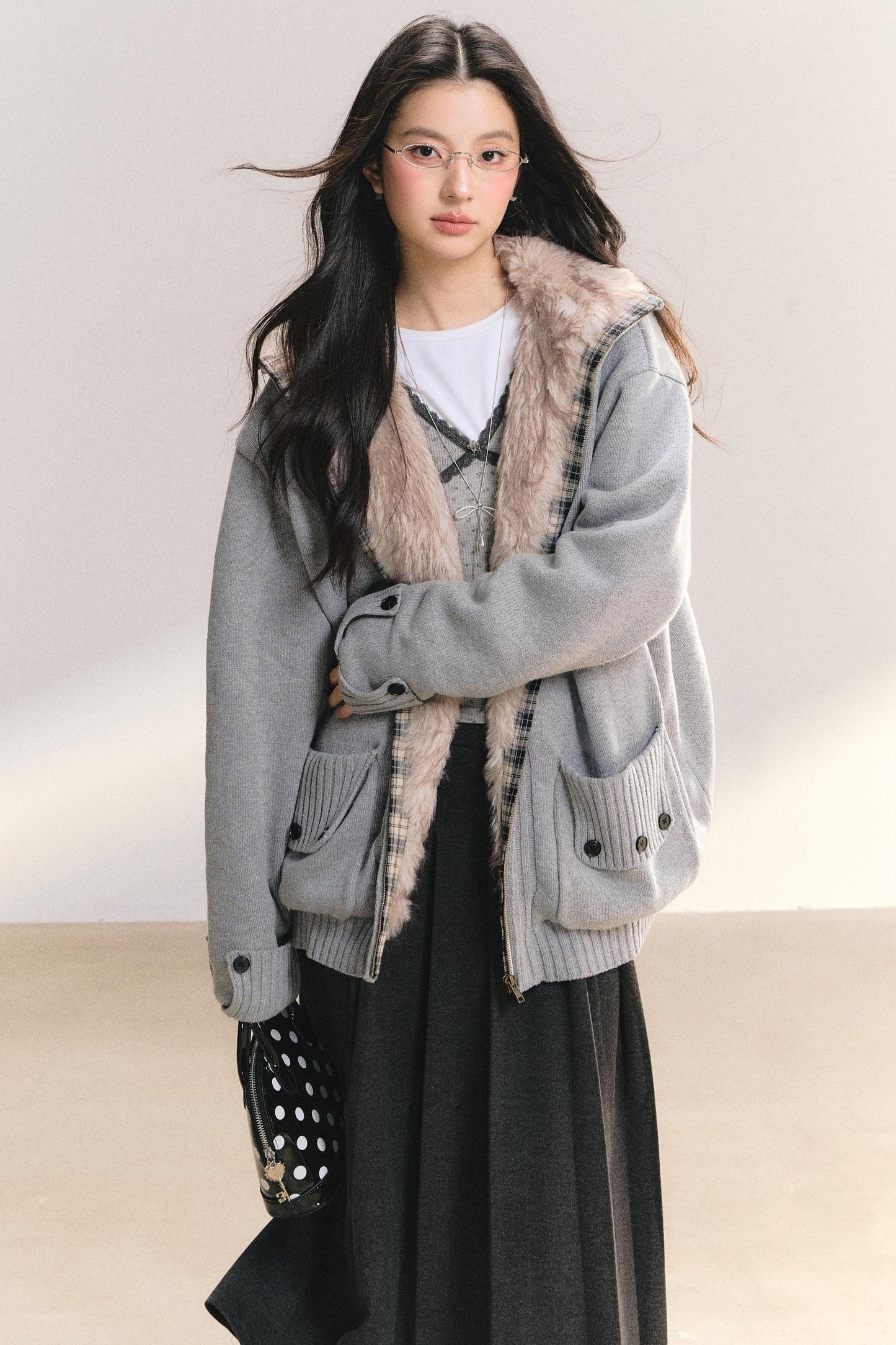 Plaid Patchwork Knit Cardigan