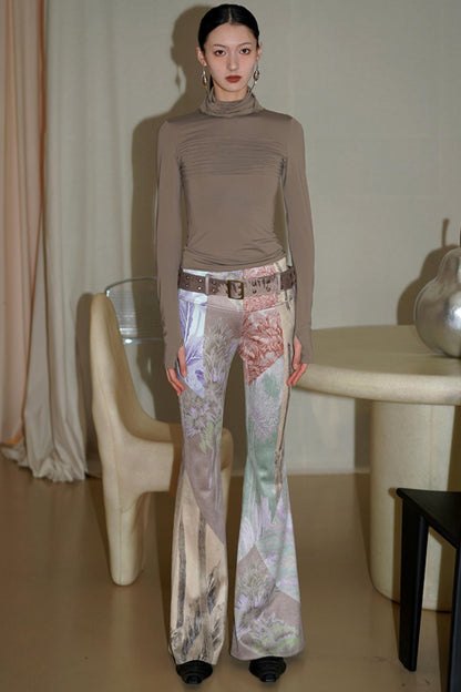 Vintage Print Suede Flared Pants