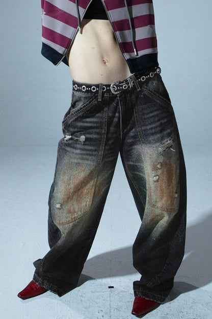 Relaxed Wide Leg Mud Dye Jeans Pants