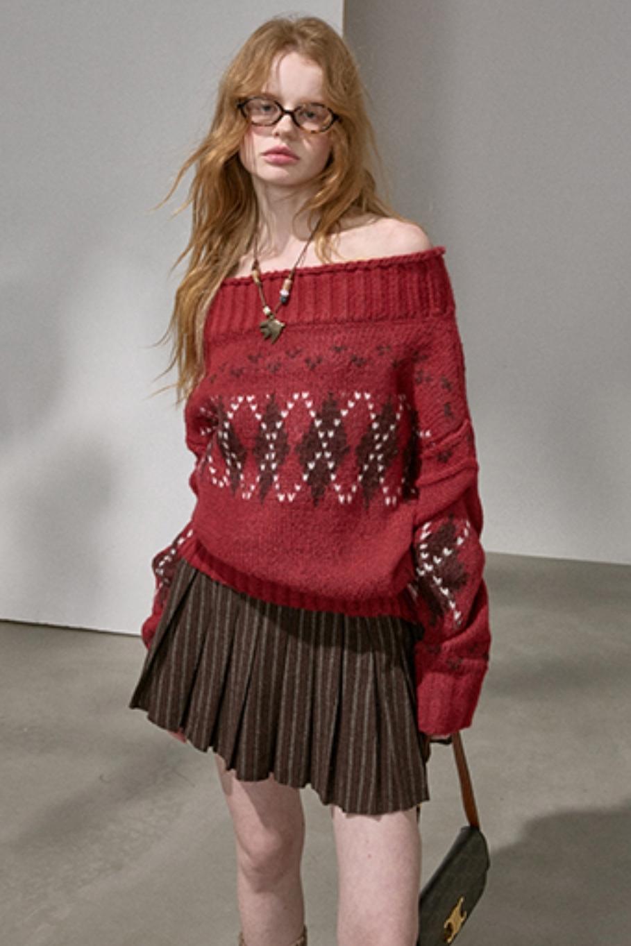 Thick Knit Argyle Off-Shoulder Top