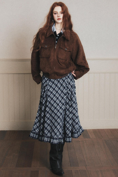 Navy Blue Check A-Line Swing Skirt