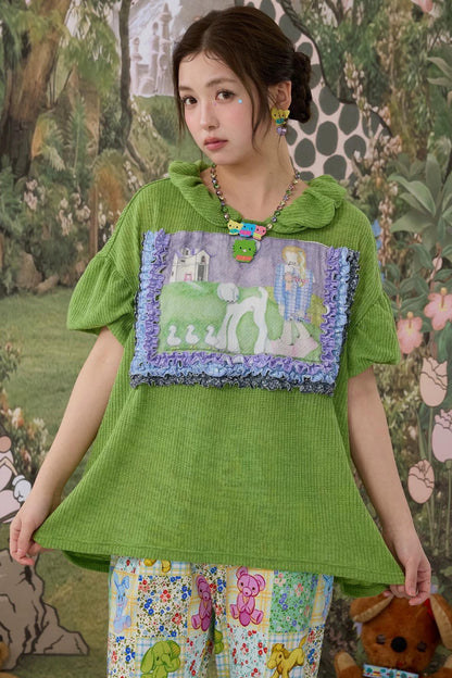 Green Lace Pleated Top
