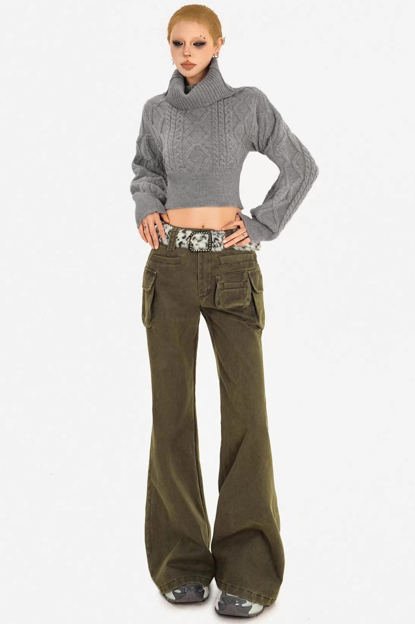 Retro Army Green Flared Pants
