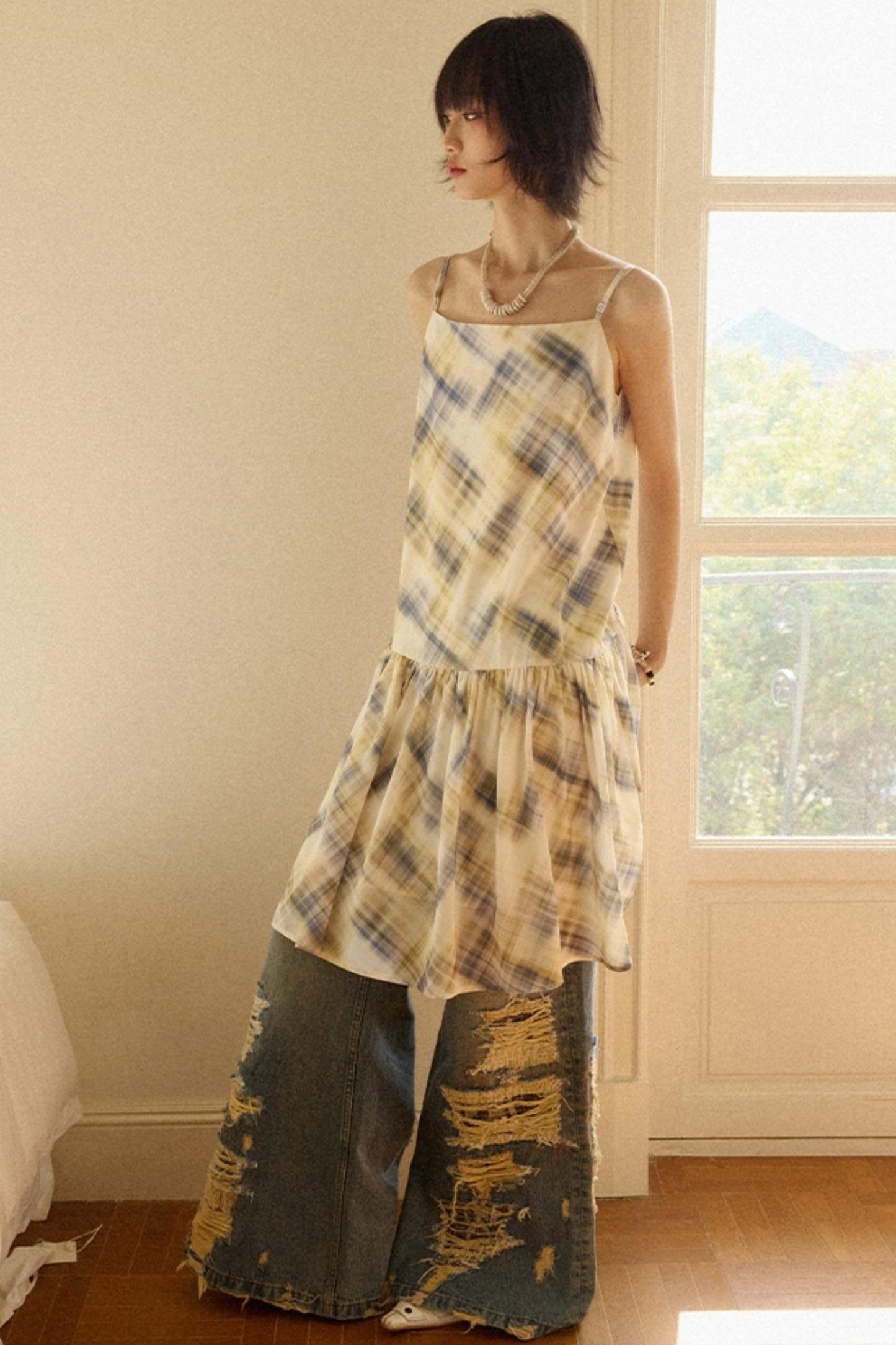 Illusion Plaid Halter Dress