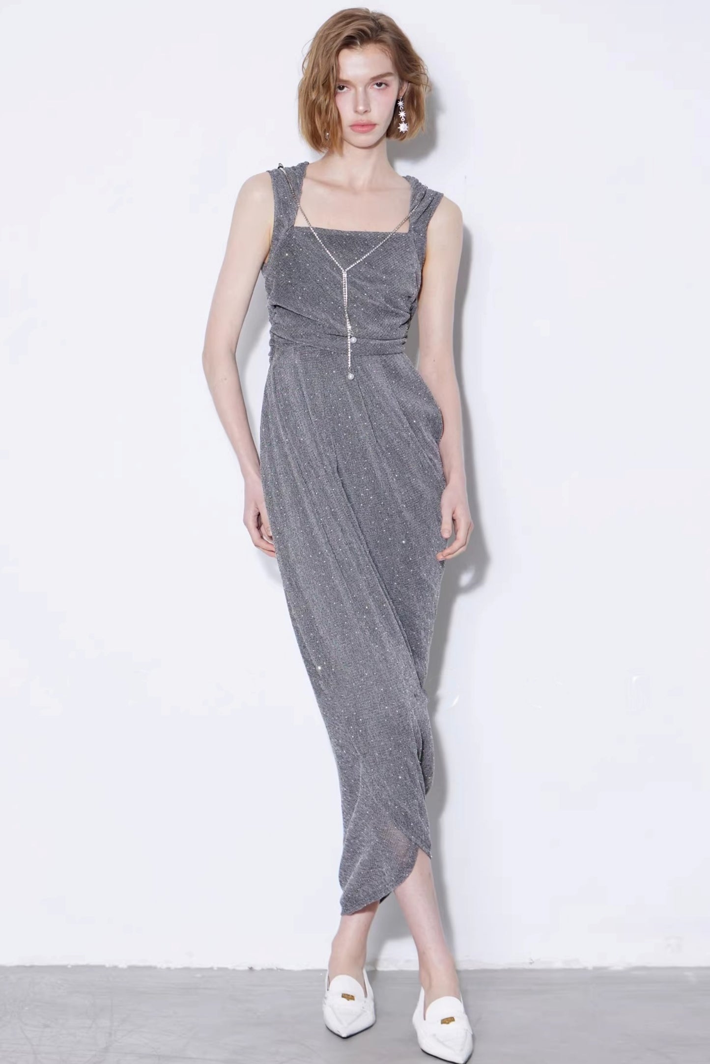 Rhinestone Pleated Knit Dress