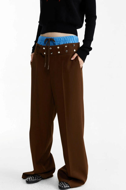 Blue and Brown Contrast Belt Decorative Pants
