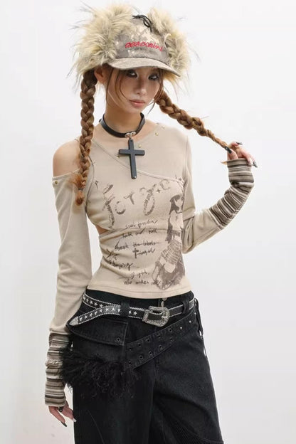 Off-the-Shoulder Patchwork Print Knitted Base Shirt