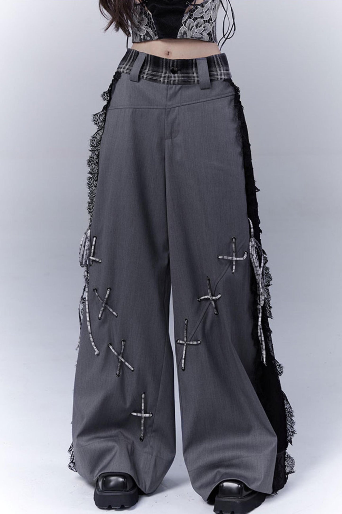 Gray Hollow Lace Fusion Casual Trousers