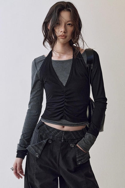 Striped Stitching Two-Piece Halterneck T-shirt