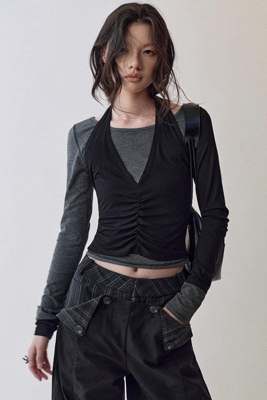 Striped Stitching Two-Piece Halterneck T-shirt