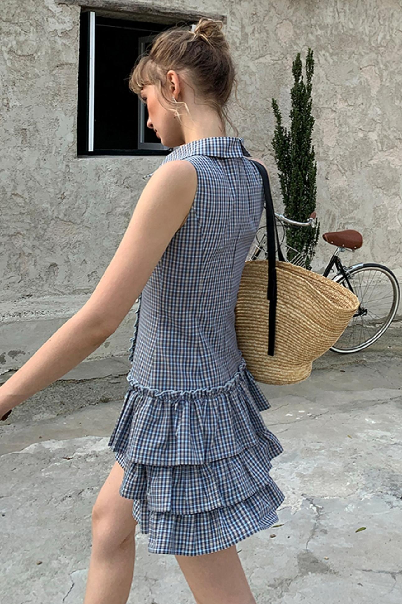 Uena Navy Check Puffy Dress