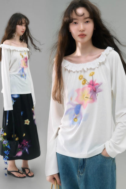 Slanted Shoulder Long-Sleeved Tencel Tee