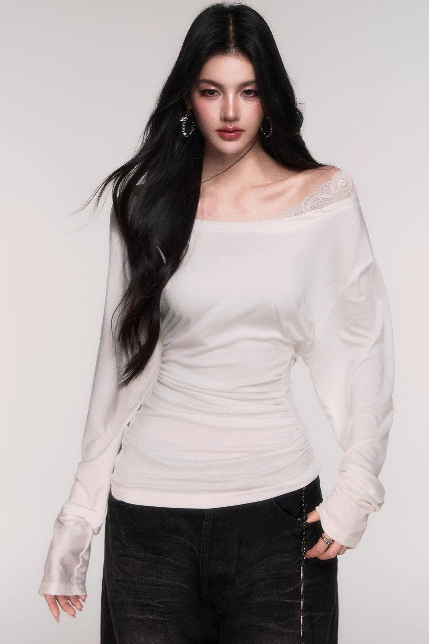 Tencel Panelled Lace Cross-Shoulder Top