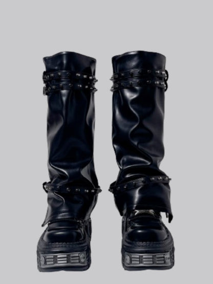 Y2K Retro Punk Style Eyelet Triple Belt Volume Sole Long Tube Boots