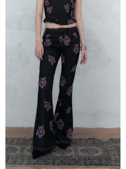 Denim Rose Print Tube Top & Bell Pants