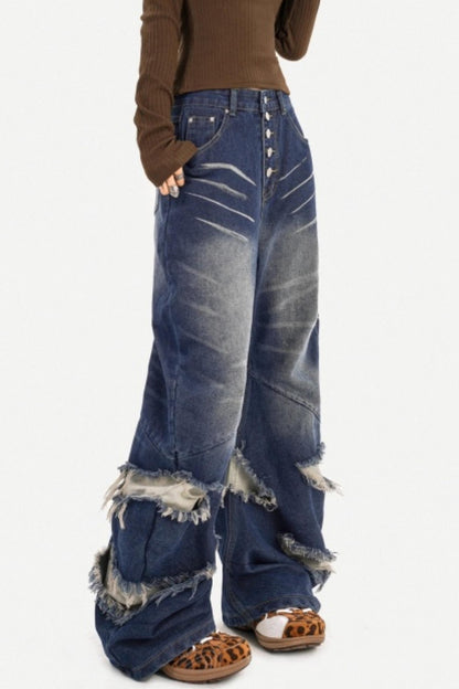 Retro Distressed Wide-Leg Jeans
