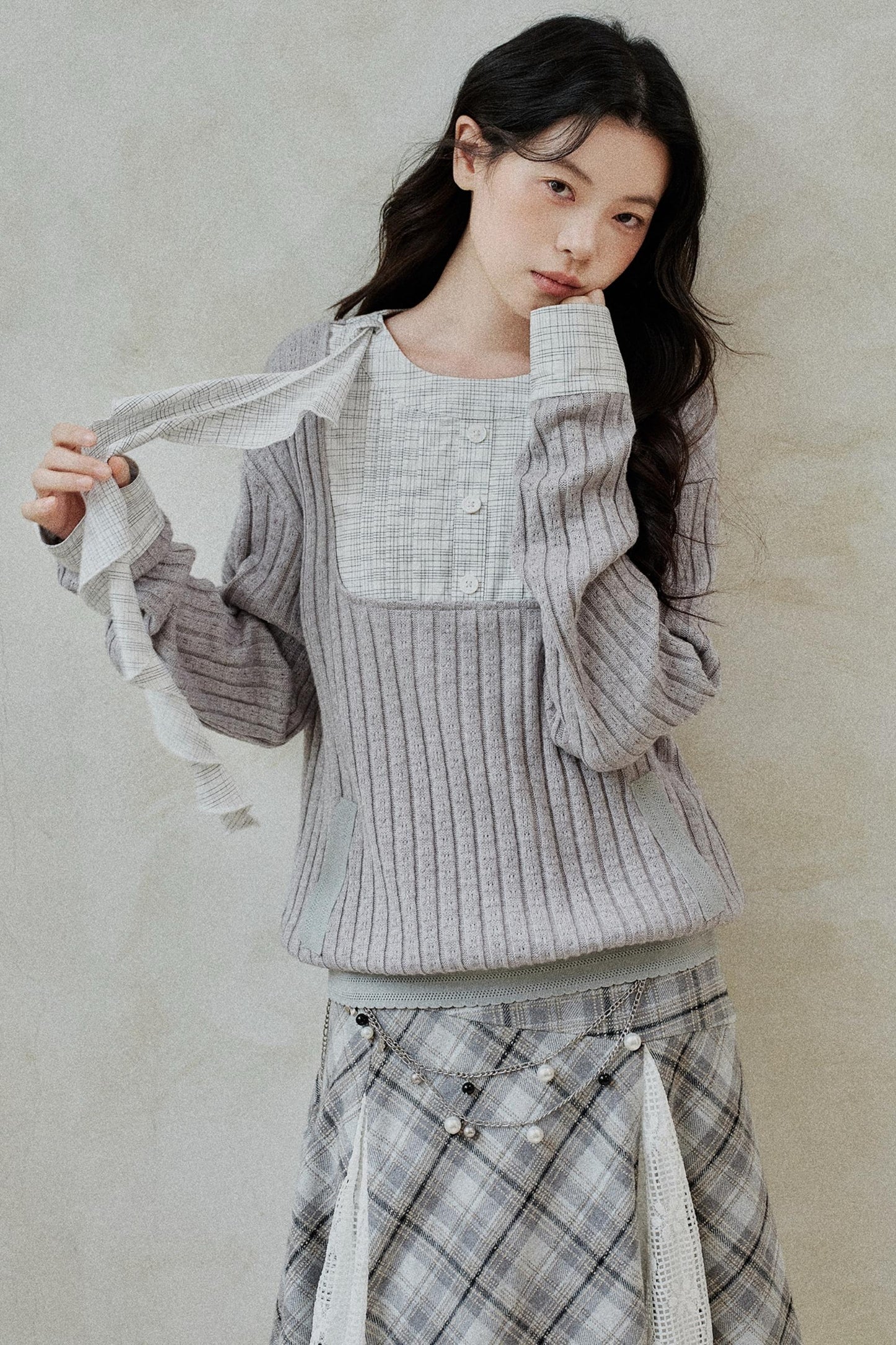 Gray Patchwork Ruffled Knitted Top