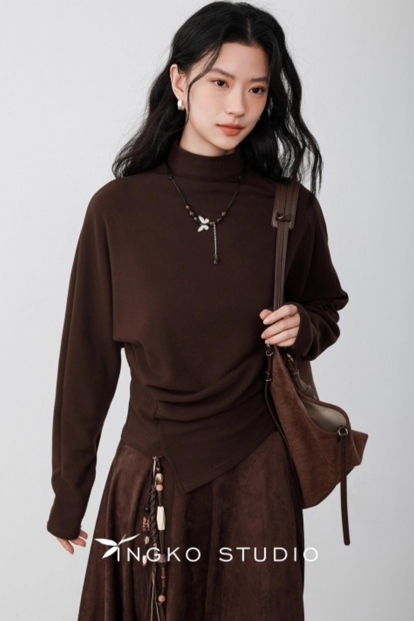 Chestnut Brown Velvet Pleated Top