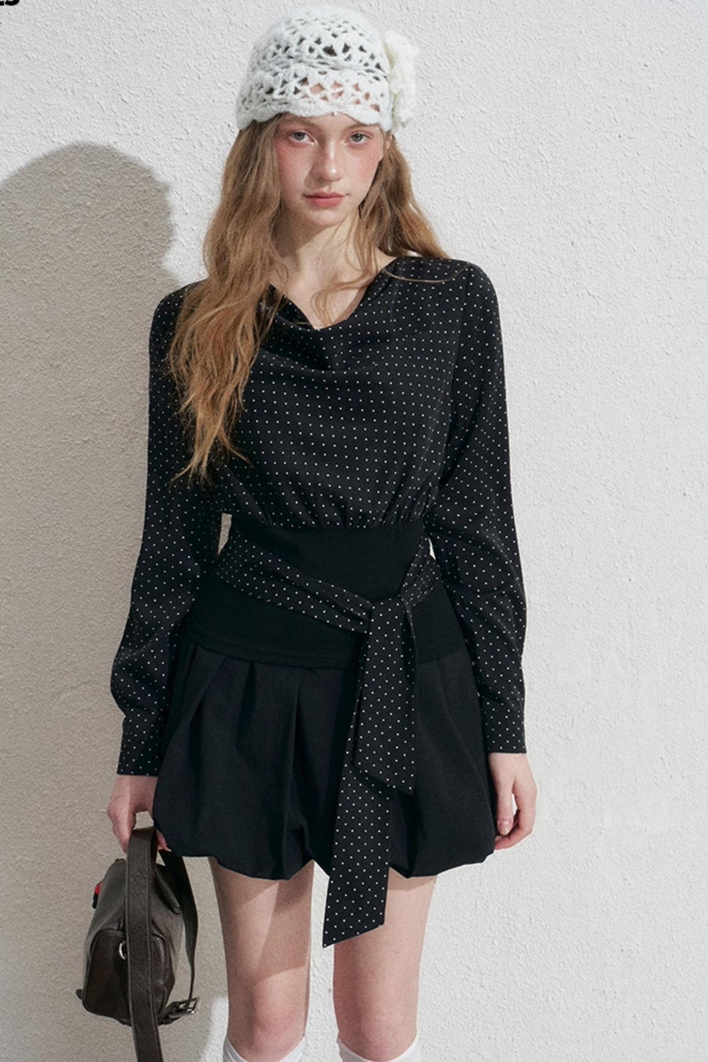 Polka Dot Swing Collar Black Shirt