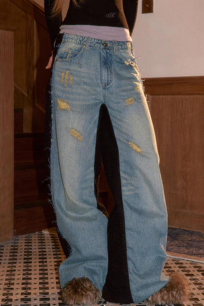 Frayed Hem Patchwork Jeans