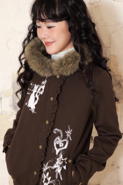 Dark Brown Hooded Jacket Skirt Set-Up