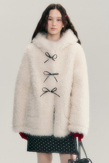 Beige Hooded Eco Fur Short Jacket