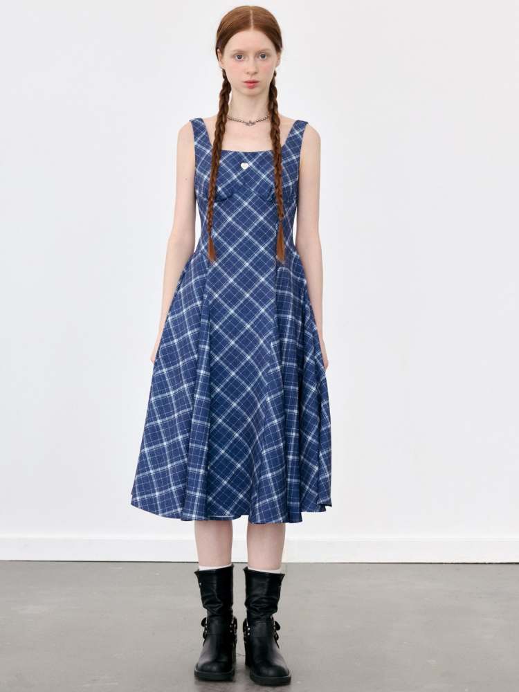 Plaid Suspender Long Flare Dress