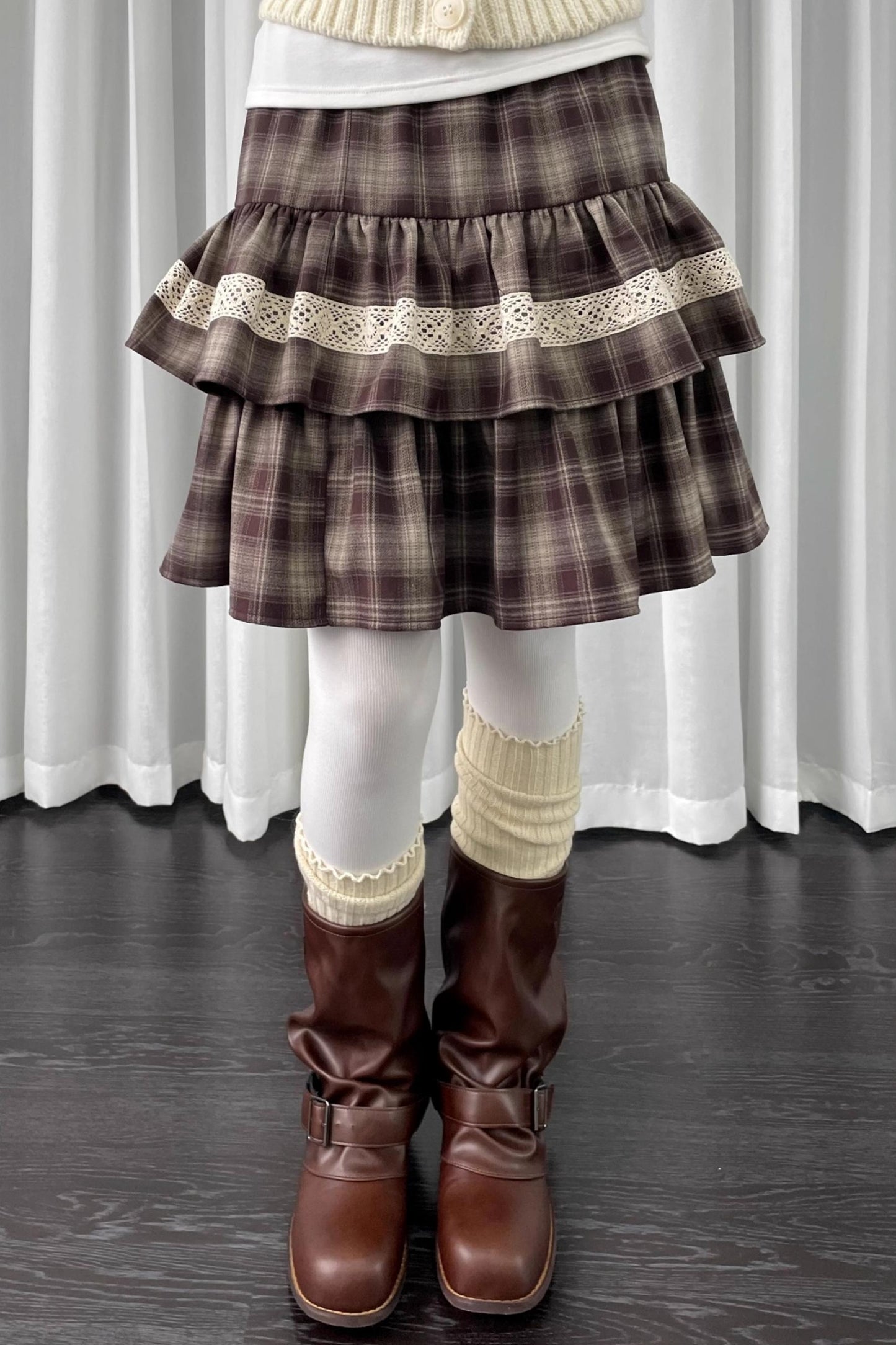 Coffee Plaid Patchwork Puffy Skirt