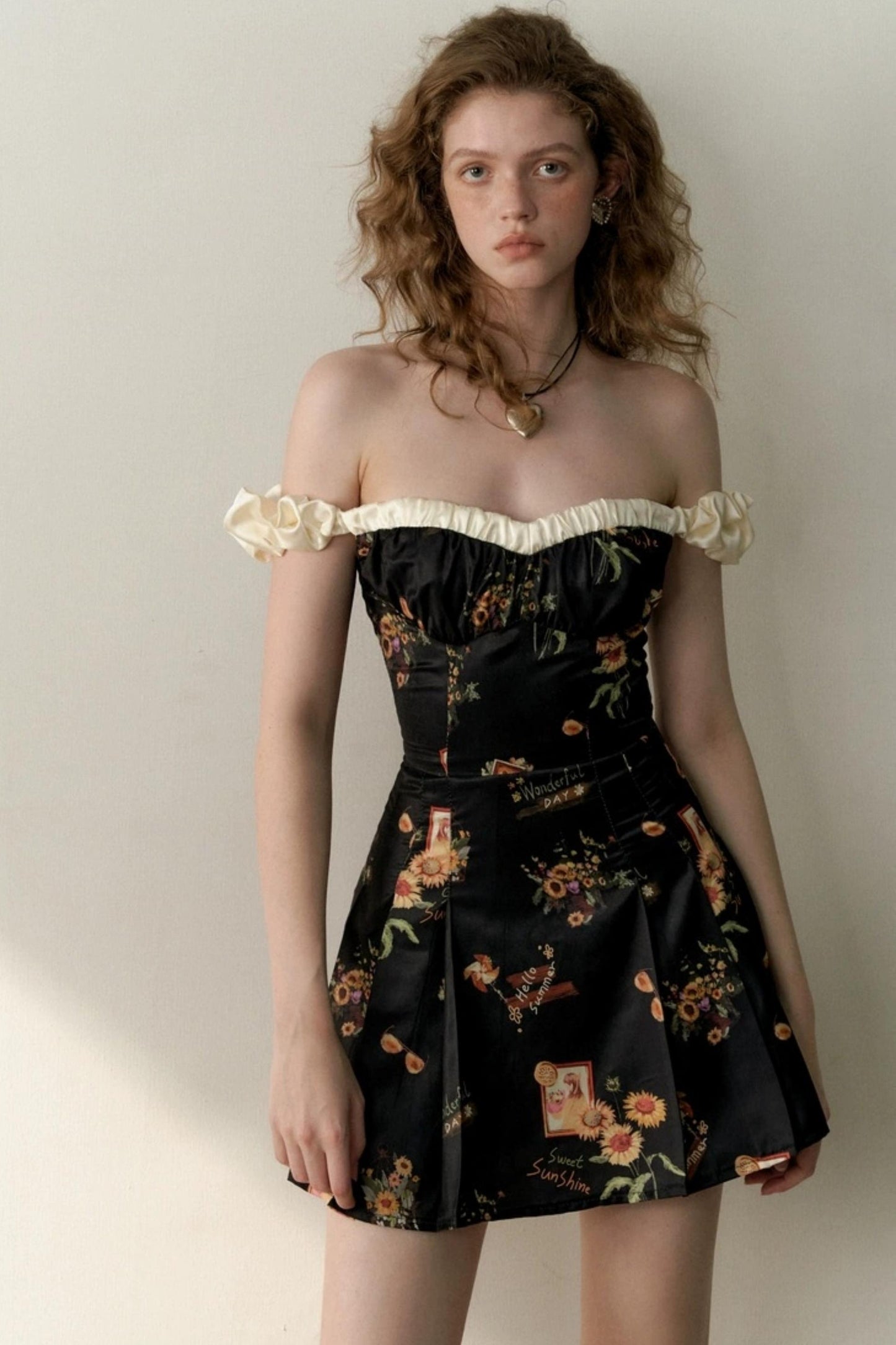 Floral One-Shoulder Black Bustier Dress