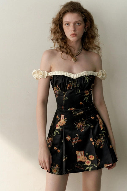 Floral One-Shoulder Black Bustier Dress