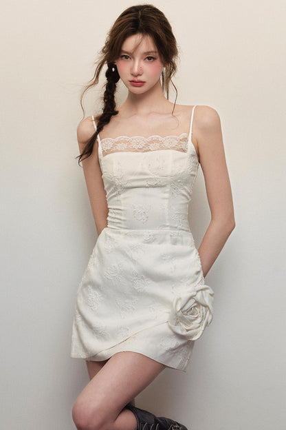 Elegant White Rose Jacquard Dress
