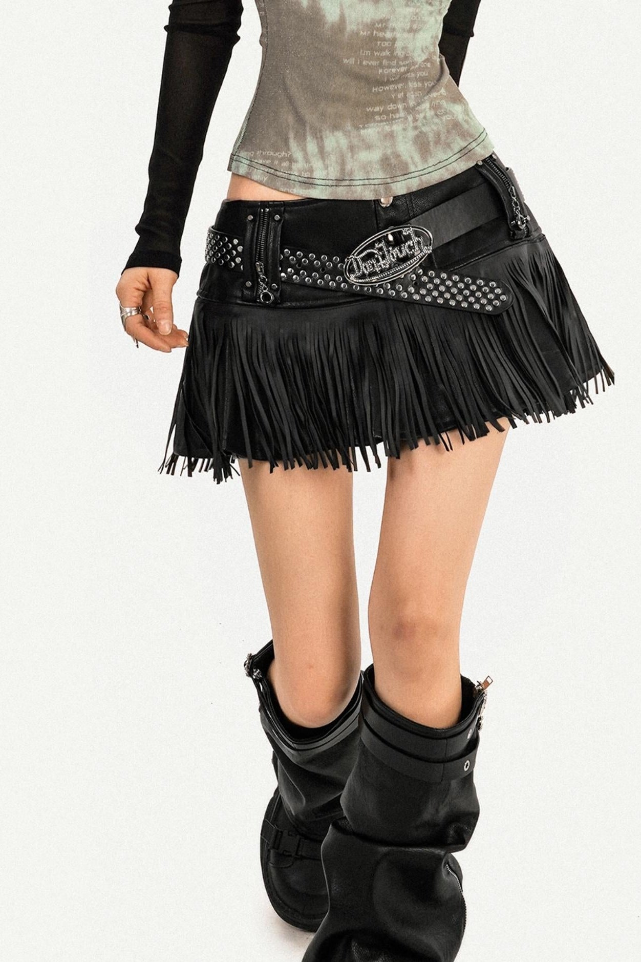 Hot Girl Fringed Leather Skirt