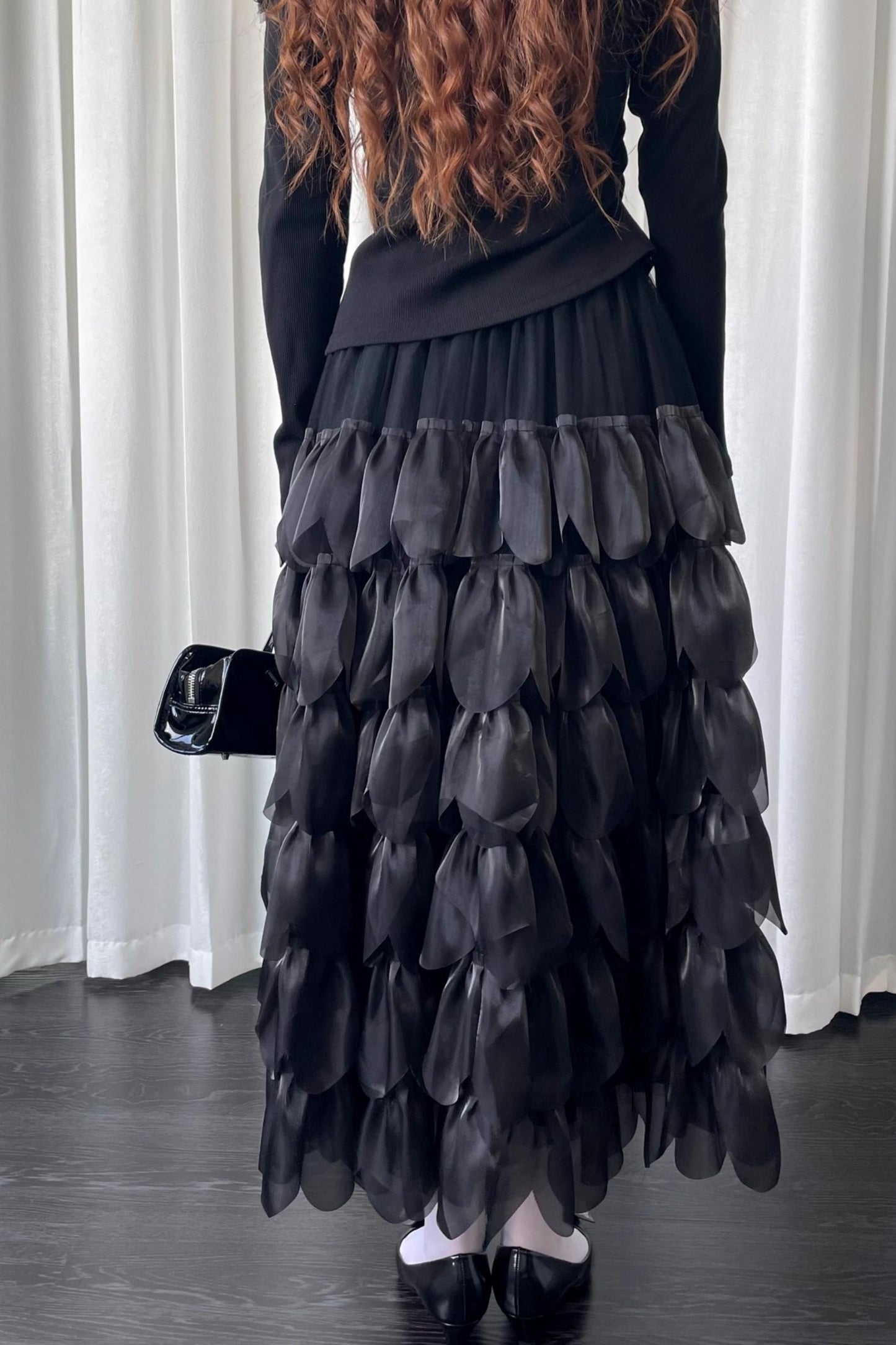 Petal Black Mesh Midi Skirt