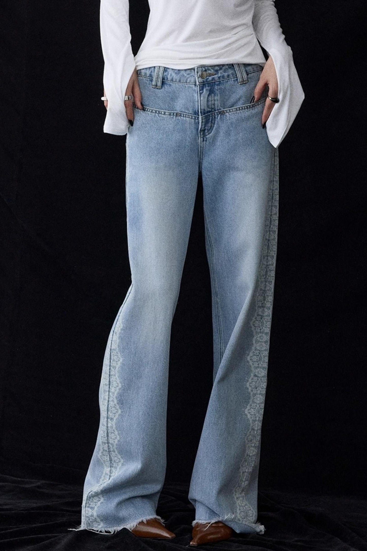 Lace Raw Hem Straight Jeans