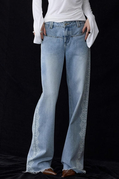 Lace Raw Hem Straight Jeans