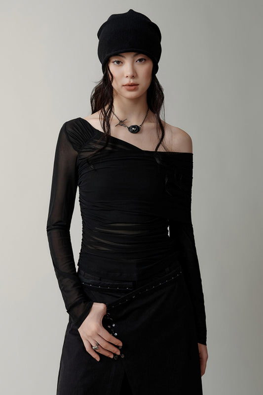 Asymmetrical Sheer Mesh Pleated T-Shirt