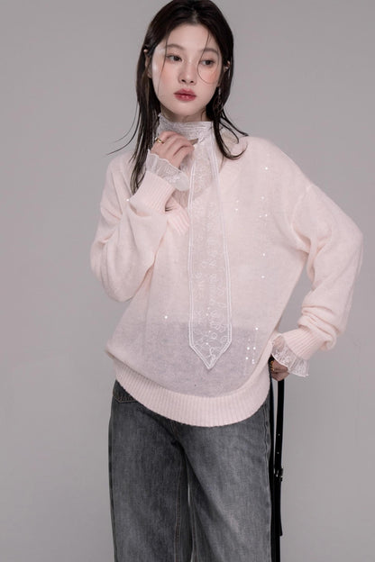 별 핑크 V넥 스웨터