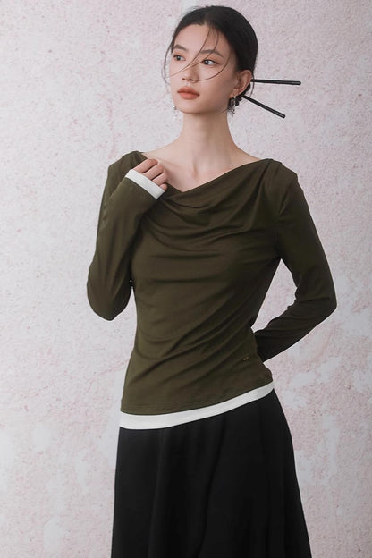 Tencel Lyocell Olive Green Swing Collar T-Shirt