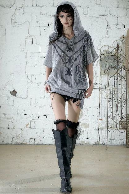 Punk Ripped Knit Hooded Blouse