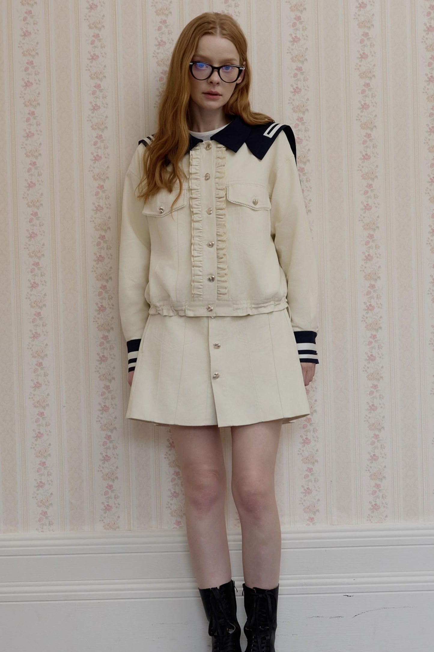 Beige Navy Collar Jacket Set-Up