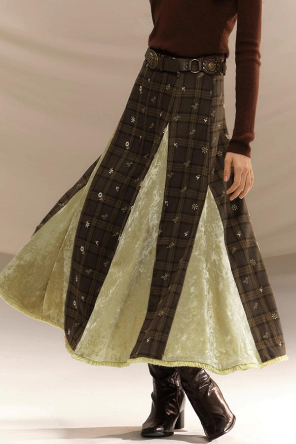 Embroidery Irregular Splicing Velvet Skirt