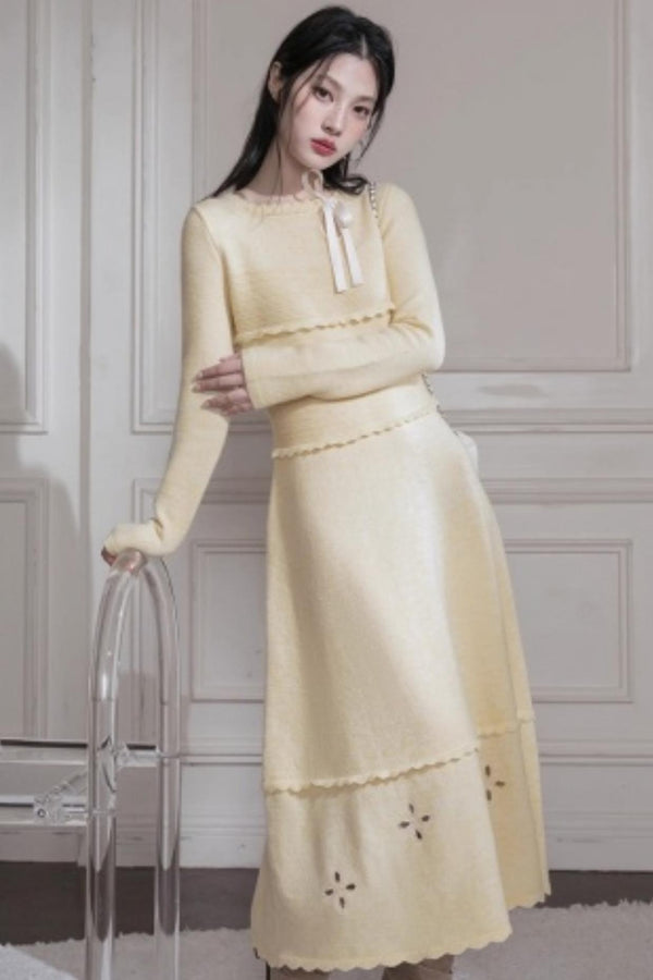 Cream Gray Lace Wool Dress