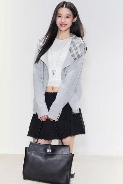 Color-Blocked Plaid Hooded Jacket